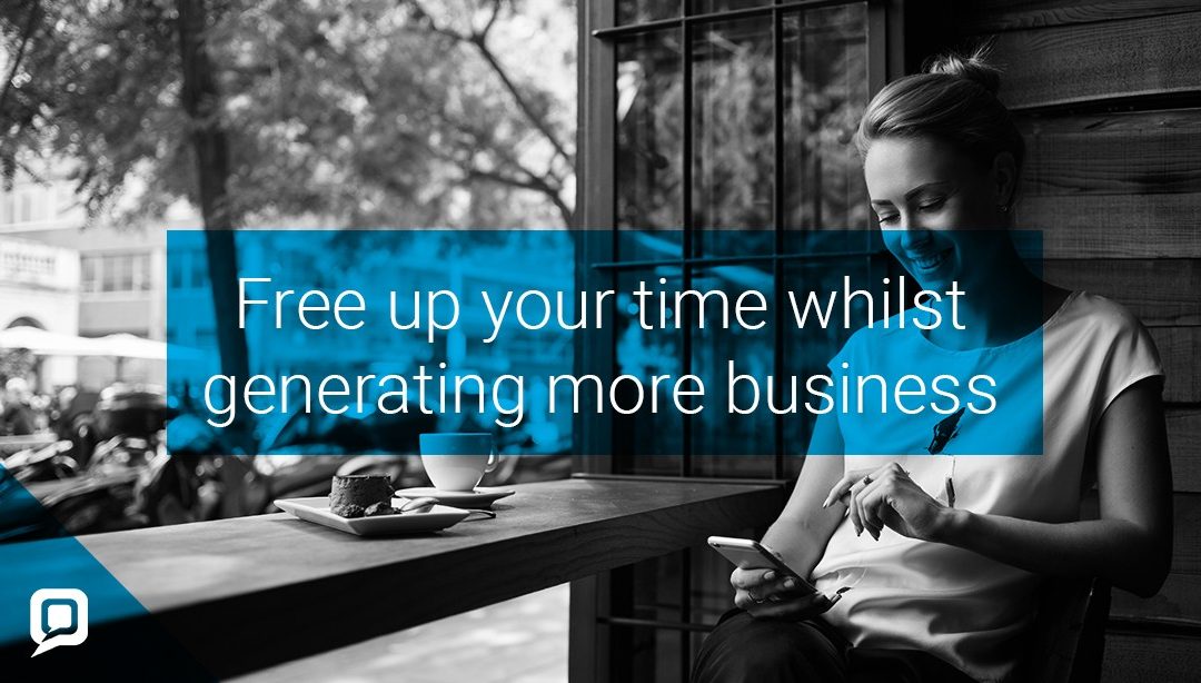 Black and white image of woman on phone at a cafe with 'Free up your time whilst generating more business' written over it