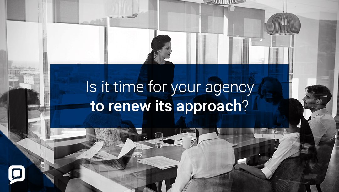 Black and white image of professional people in a meeting with 'Is it time for your agency to renew its approach?' written over it