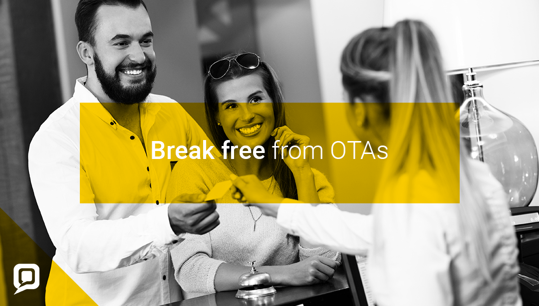 Black and white image of couple checking into hotel with 'Break free from OTAs' written over it