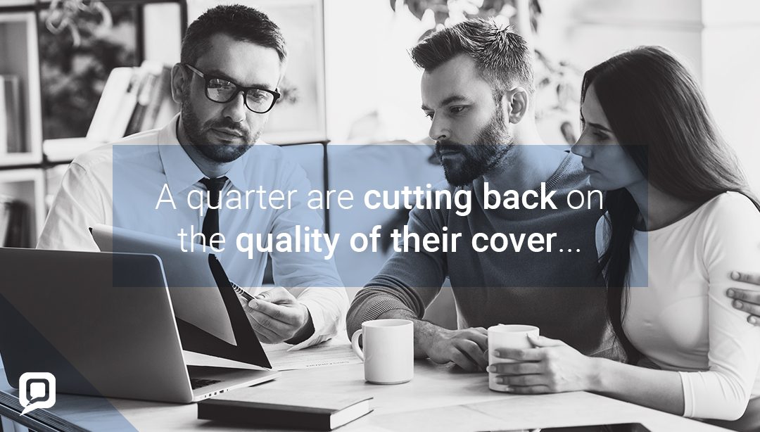 Black and white image of a couple and an insurance broker with 'A quarter are cutting back on the quality of their cover' written on it