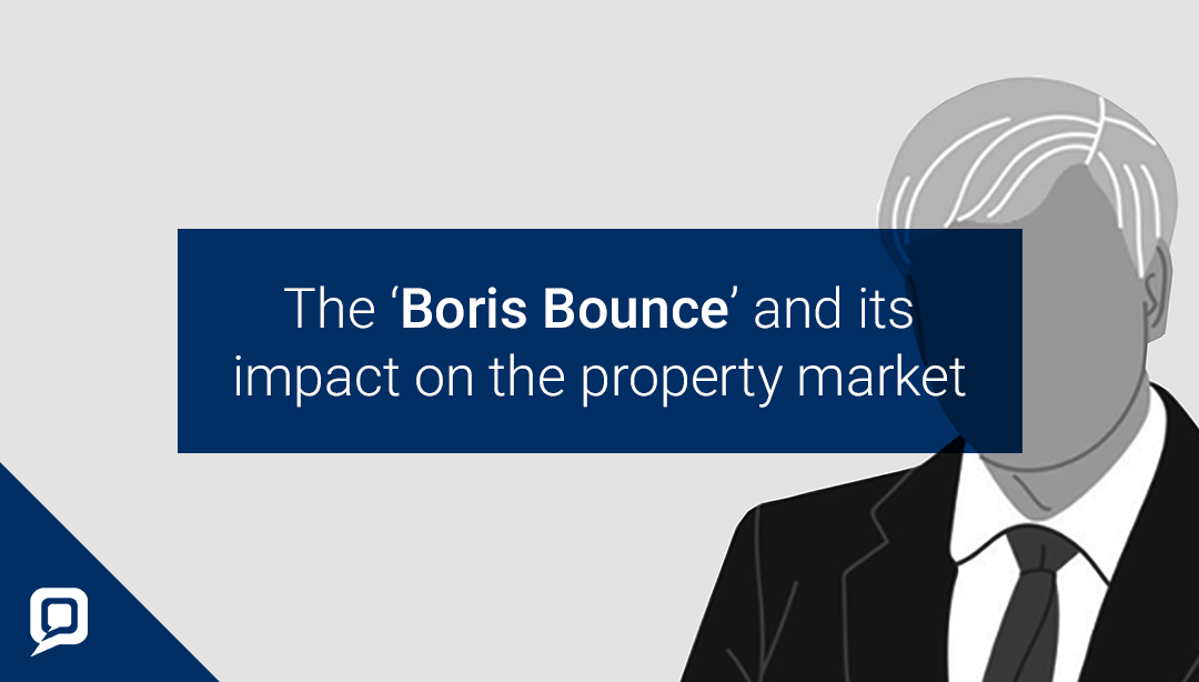 Black and white illustration of Boris Johnson with 'The Boris Bounce and its impact on the property market' written over it